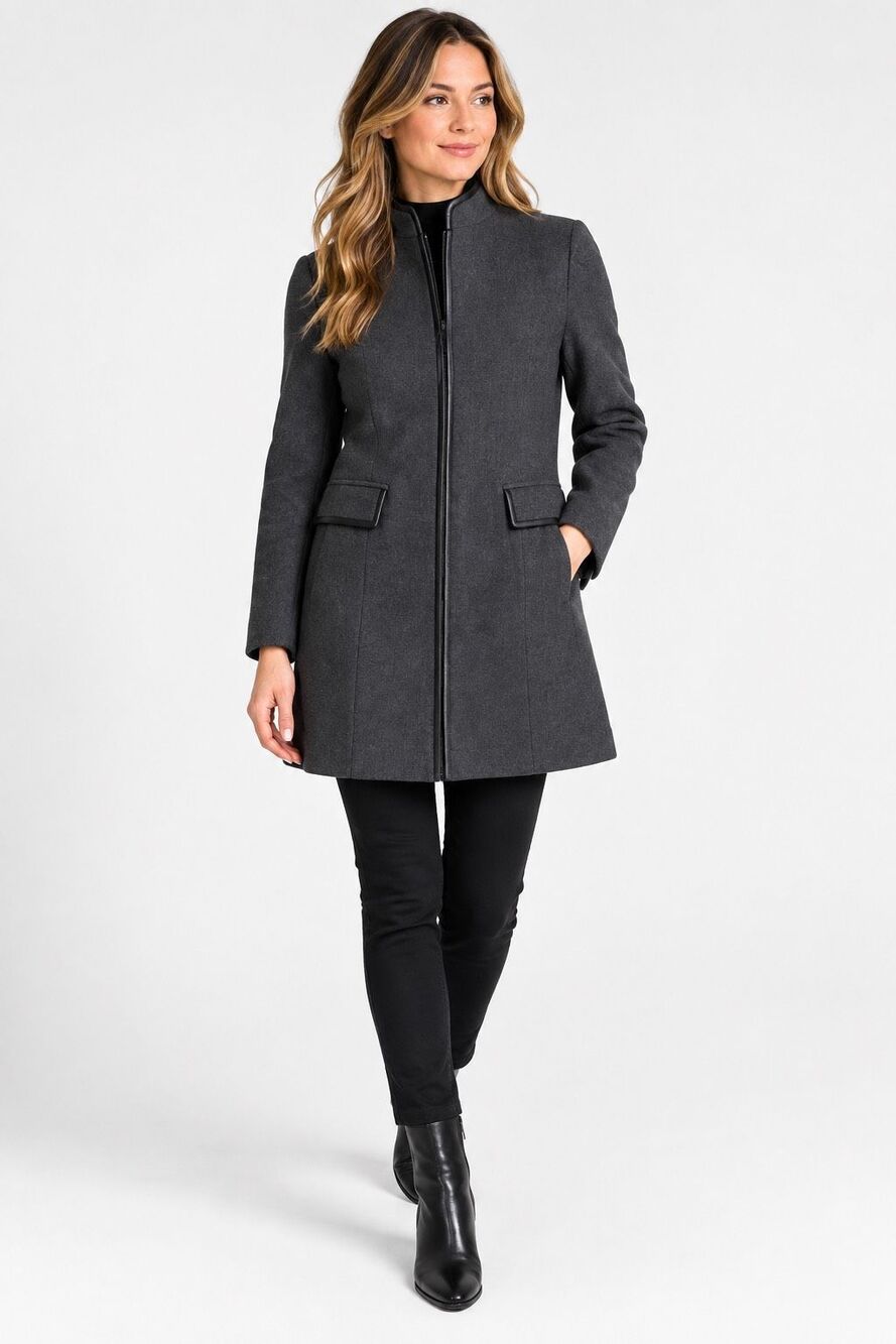Eileen Fisher Wool Blend Gray Zip Front Coat Leather Trim M